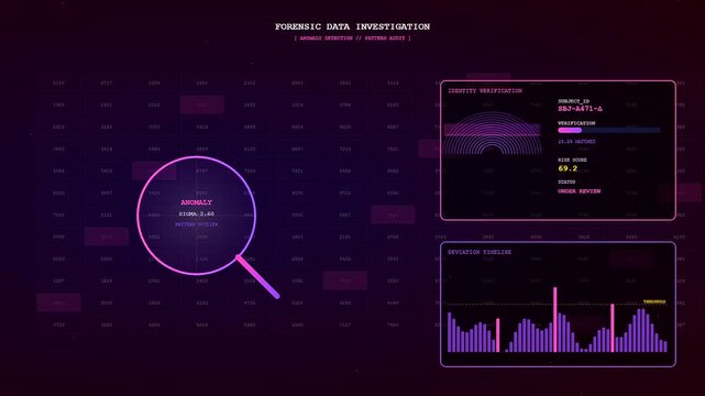 An intricate digital display showing compliance risk monitoring through glowing magenta interfaces and moving data charts across a dark violet futuristic computer screen surface
