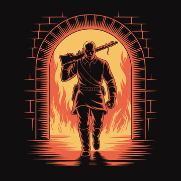 Warrior Walking Through Fiery Archway Carrying Axe.