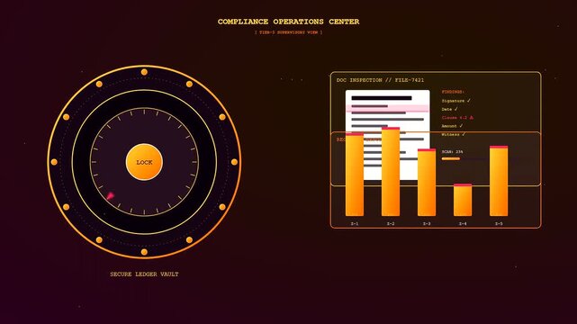 An advanced compliance risk monitoring dashboard displays a rotating orange circular lock mechanism and animating bar graphs against a dark amber holographic interface screen