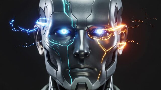 Futuristic AI Robot Face with Glowing Cyber Eyes