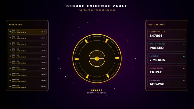 A futuristic digital interface for compliance risk monitoring featuring golden circular seals and glowing purple light patterns displaying secure evidence vault metrics and logs