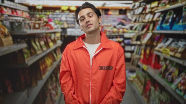 Man prisoner in orange jumpsuit and handcuffs blows kiss in grocery aisle inside building, looking at camera with slight smile; defiance isolation.