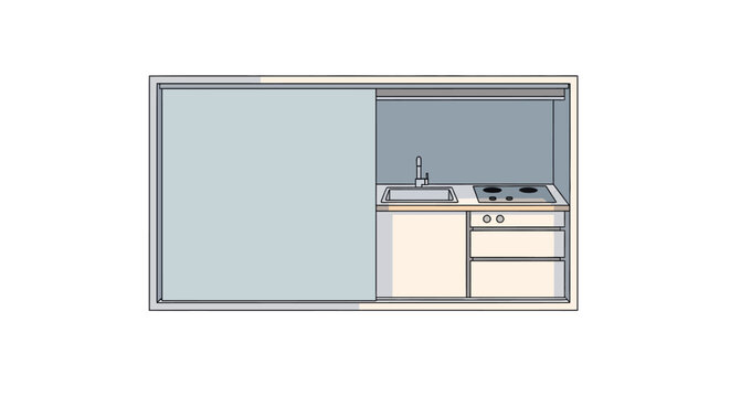 Modern Compact Kitchenette with Sliding Door, Sink and Stovetop for Tiny House or Studio Apartment Living - Minimalist Vector Illustration