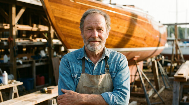 Senior boatbuilder standing proudly before a wooden sailboat