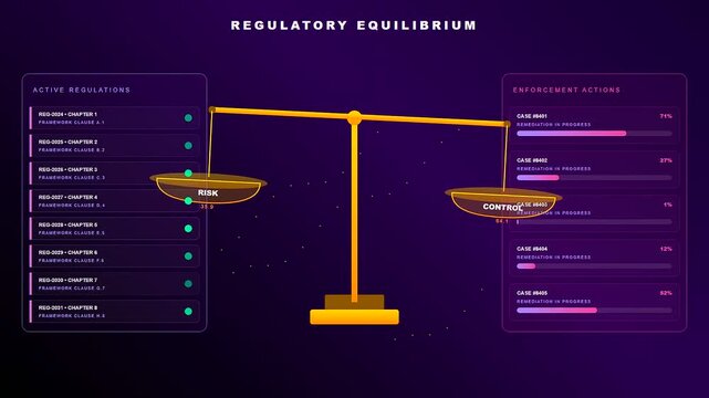 A futuristic motion graphic depicting compliance risk monitoring as a golden balance scale tipping between regulatory requirements and enforcement actions on a dark violet background