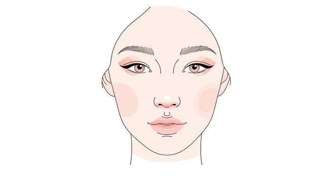 Makeup Face Chart Illustration of a Woman with Elegant Winged Eyeliner, Pink Eyeshadow, and Blush for Cosmetic Design and Professional Training