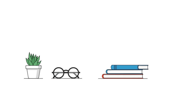 Minimalist Flat Illustration of Stacked Books, Round Glasses, and Potted Plant on White Background
