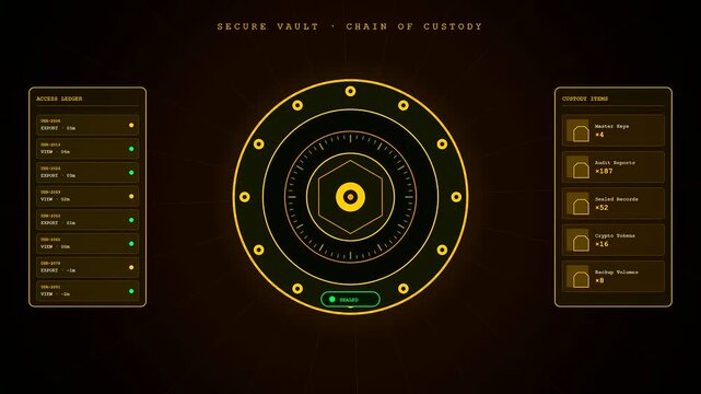 An advanced digital interface for compliance risk monitoring featuring a luminous gold vault dial and shifting data ledgers against a deep obsidian void background
