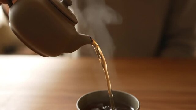 Hand pouring hot steaming tea from ceramic teapot into cup