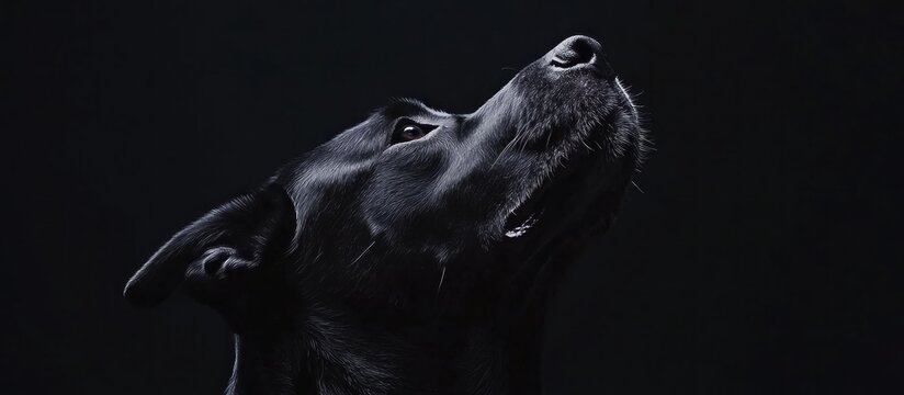 Elegant close-up portrait of a black Labrador dog looking up with an intense gaze against a dark background, highlighted by dramatic studio lighting.