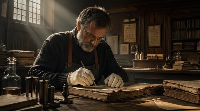 A professional conservator meticulously restores an antique manuscript within the quiet, oak paneled confines of a historic workshop, capturing a cinematic atmosphere of timeless dedication and precis