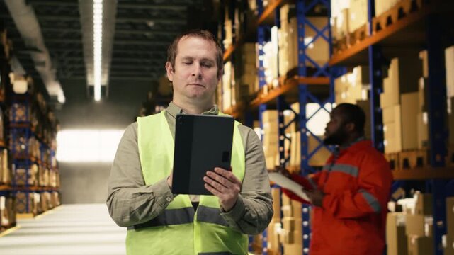 Portrait male staff, in busy production warehouse, checking pallets and packages, monitoring distribution on tablet. Inventory tracking and workflow improve efficiency and freight transportation.