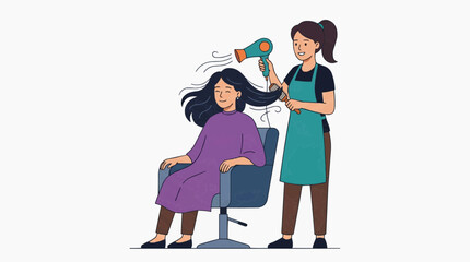 Fototapeta premium Hair stylist blow drying womans hair in beauty salon professional hairdresser working with customer vector illustration of hair care service