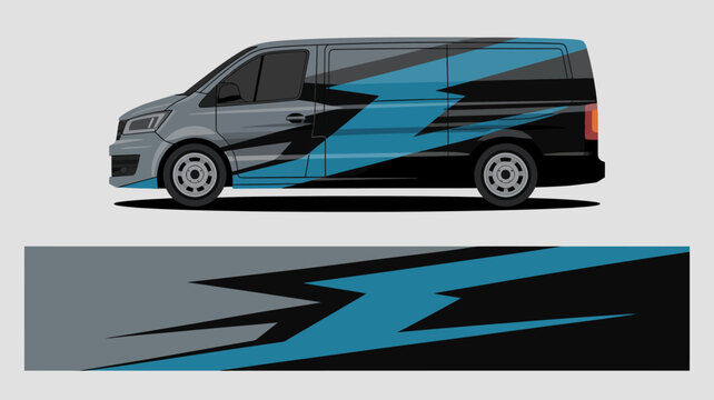 Black van with blue stripes design.