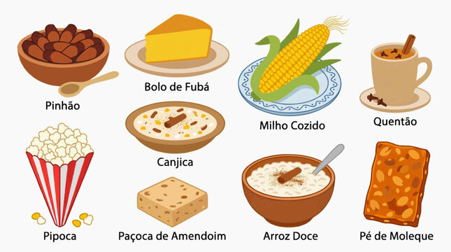 Traditional brazilian festa junina food set, including pinho, bolo de fub, milho cozido, quento, pipoca, canjica, paoca, arroz doce and p de moleque