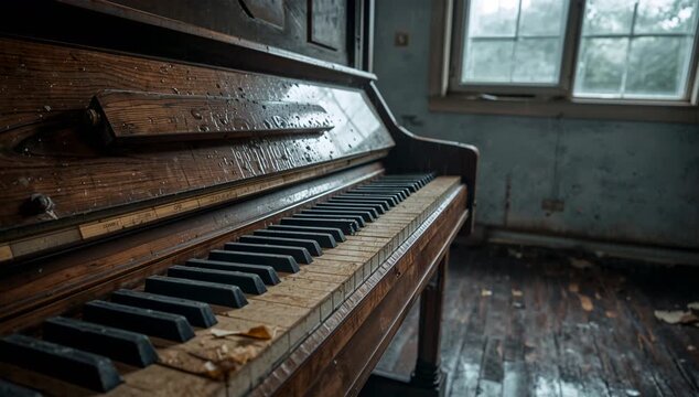 雨の日の廃校音楽室、湿った光と調律の狂ったピアノが滲む空気感