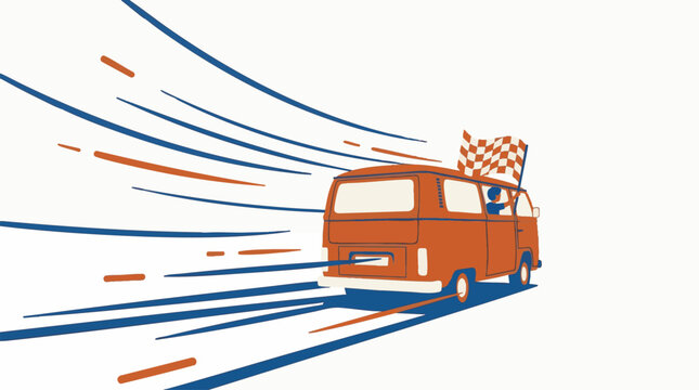 Retro Van Drives with Checkerboard Flag Celebrating Victory Road Trip