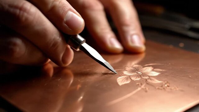 Craftsman Engraving Intricate Floral Design on Copper Plate