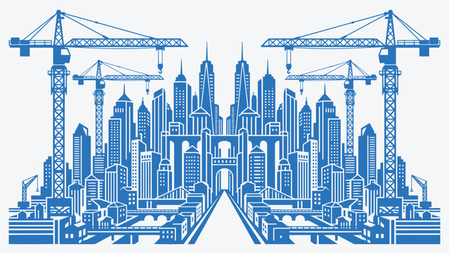 Dynamic blue vector illustration of urban city skyline with construction cranes. Modern cityscape under development, perfect for construction industry, real estate, urban growth, and infrastructure.