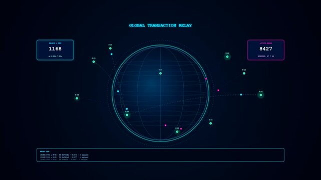 A futuristic crypto ledger animation featuring a glowing digital globe with shifting data points and numerical counters against a deep navy blue atmosphere