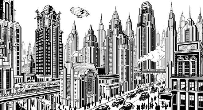 Black and white illustration of a cityscape featuring tall buildings and airship