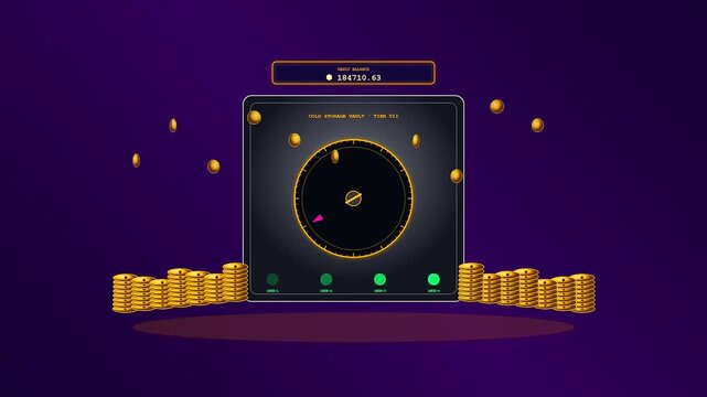 This dynamic crypto ledger animation features a spinning golden vault dial surrounded by stacks of coins against a deep purple velvet digital environment for finance