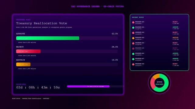 Detailed crypto ledger animation displays shifting progress bars and changing data values on a deep purple digital dashboard for a modern decentralized voting system