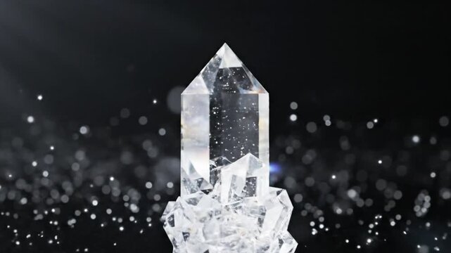 Majestic Quartz Crystal Formation Captures Light, Symbolizing Purity and Clarity in a Dramatic Black Background