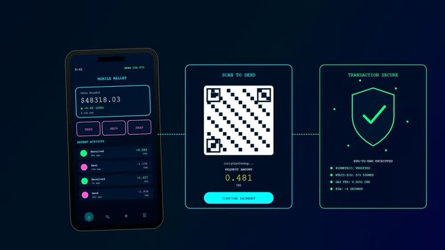 A sophisticated crypto ledger animation depicting a virtual finance application executing rapid monetary transfers via secure qr code scanning within a dark digital environment