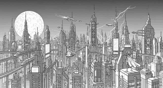 Futuristic grayscale city illustration with towering skyscrapers, elevated transport, flying vehicles, and a large moon. Sci-fi urban landscape.