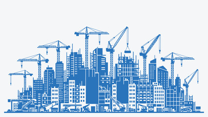 Obraz premium Dynamic blue vector illustration of urban city skyline with construction cranes. Modern cityscape under development, perfect for construction industry, real estate, urban growth, and infrastructure.
