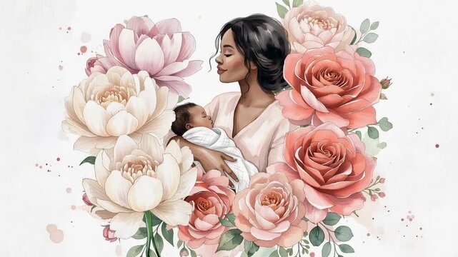 Watercolor black mother and baby with blooming peonies, Mother's Day illustration