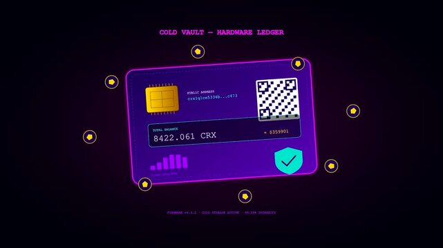 A rotating purple digital asset card featuring a crypto ledger animation with fluctuating numeric values and golden circuits floating against a dark black void
