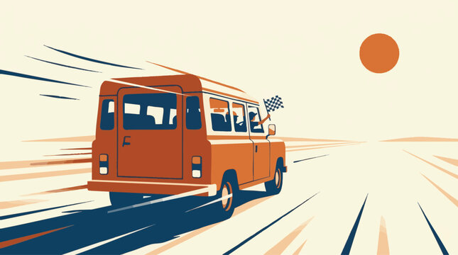 Van Travel Adventure with Checkered Flag on Open Road Graphic