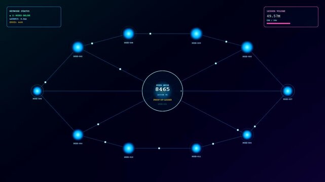A sophisticated crypto ledger animation showcases iridescent sapphire nodes interconnected by luminous filaments as numerical data descends within a void of deep indigo hues
