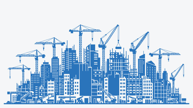 Dynamic blue vector illustration of urban city skyline with construction cranes. Modern cityscape under development, perfect for construction industry, real estate, urban growth, and infrastructure.