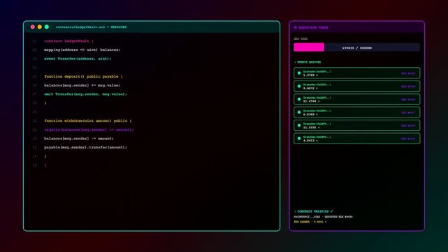 A sleek crypto ledger animation unfolds as neon green smart contract code scrolls rapidly beside a magenta progress bar on a dark screen