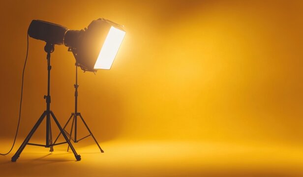 Professional photography studio lighting setup with softbox on a stand illuminating a vibrant yellow and orange background