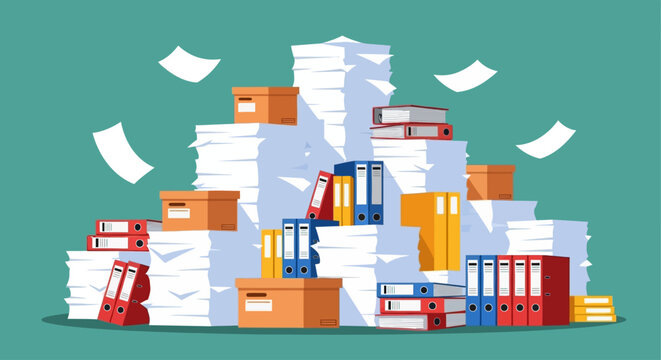 Office Supply, Paper Pile, Colorful Filing System, Warehouse Organization, Vector Illustration