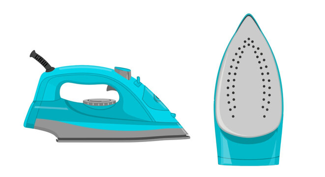 Electric iron, household appliance, blue color, ironing tool, home essentials, vector illustration, modern design, 2 icons