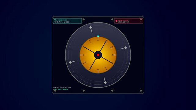 A complex crypto ledger animation showcasing a rotating digital security vault mechanism with glowing yellow indicators against a deep navy blue futuristic interface background