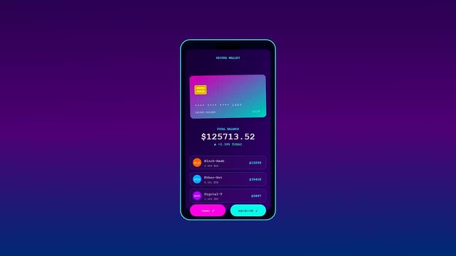 A sleek crypto ledger animation showing a fluctuating digital balance on a futuristic smartphone screen against a deep violet and midnight blue glowing backdrop