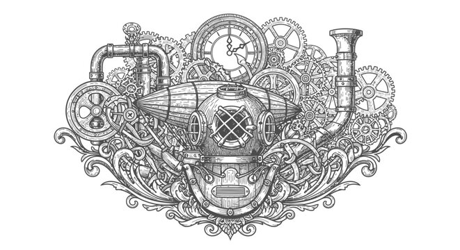 Steampunk design illustration with gears and decorative elements on white background