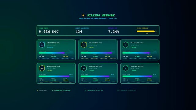 A futuristic crypto ledger animation unfolds across a dark teal screen showcasing digital validator dashboards with neon green metrics and shifting numerical data displays