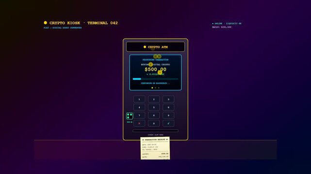 A cinematic crypto ledger animation showing a futuristic digital terminal printing a transaction receipt against a dark purple background with glowing yellow neon accents