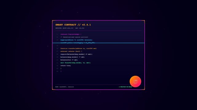 An intricate crypto ledger animation showcasing holographic scrolling smart contract code within a dark violet interface featuring vibrant magenta and yellow neon borders