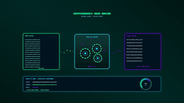 An advanced cybernetic interface displaying a crypto ledger animation where binary strings transform into hexadecimal digests amid glowing neon teal and deep purple lights