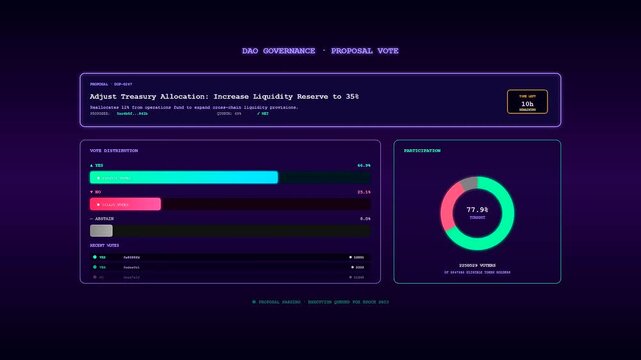 An intricate crypto ledger animation displaying undulating cyan progress bars and a rotating magenta gauge against a deep violet backdrop of a digital interface