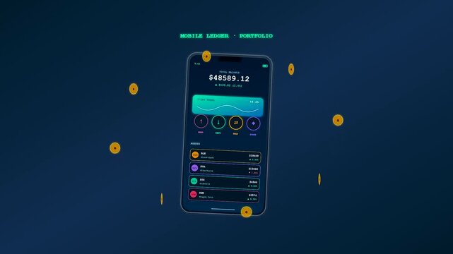 A sleek crypto ledger animation features fluctuating monetary values on a modern handheld device with floating golden tokens over a dark midnight blue atmosphere