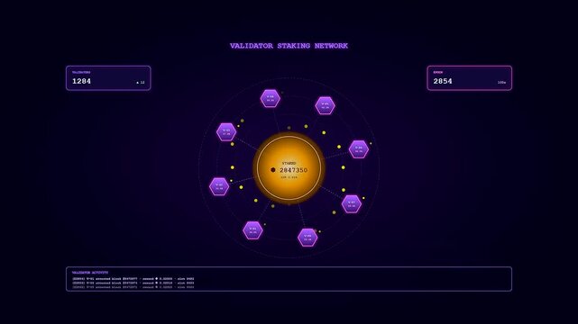 A sophisticated crypto ledger animation displays dynamic numeric updates across a purple digital interface with a glowing orange core and orbiting hexagonal data nodes